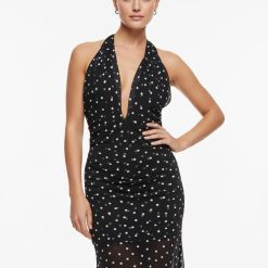 robes à pois transparentes longue américaine tulle jupe encolure plongeante noire moulante sans manches