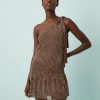 robes asymétriques à pois floquée abstraits marron dyle courte une epaule avec noeud et pompons