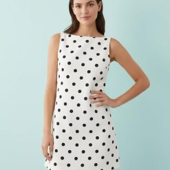 robes évasées à pois jean ajustée courte imprimé blanche à pois noirs sans manches pour femme