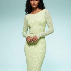 robes longues à petit pois encolure bateau dos ouvert manches agrume robe longue verte élégante femme dos nu design ajusté unique