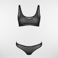 culottes à pois noir et blanc brésilienne échancrée tulle transparent ensemble de lingerie deux pièces