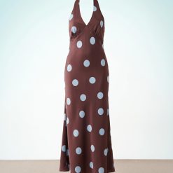 robes longues marron à pois satin col halter cérémonie fluide avec motif bleu clair pour femme