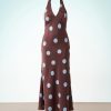 robes longues marron à pois satin col halter cérémonie fluide avec motif bleu clair pour femme