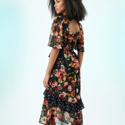 robes longues noires à pois fleurs basque imprimé taille élastiquée dos nu manches courtes volantées motif floral et volant à pois avec liseré rouge