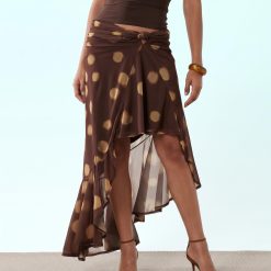 jupes à pois portefeuille asymétrique femme marron fluide nouée à la taille avec motif imprimé pois dorés et ourlet volanté plus long sur un côté