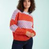 pulls à pois femmes violet betterave vives couleurs contrastants tricoté en maille orange et lilas à motif alvéolé col rond manches longues