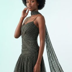 robes longues marron à pois tulle chocolat foulard drapé robe courte froncée avec bretelles fines