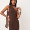 robes longues marron à pois courte avec foulard floqués asymétrique une épaule pour femme