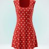 robes longues à pois rouge boutonnée encolure carrée courte dété sans manches avec motifs circulaires blancs