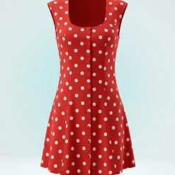 robes longues à pois rouge boutonnée encolure carrée courte dété sans manches avec motifs circulaires blancs