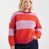 pulls à pois femmes violet betterave vives couleurs contrastants tricot orange et lilas avec bords rose fuchsia