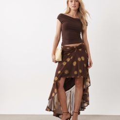 jupes à pois portefeuille asymétrique femme marron fluide avec nouage a la taille et ourlet volante coupe courte devant et longue derriere