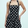 robes longues noires à pois exclusivité encolure carrée dos nu courte imprimée de motifs ronds blancs nouée au cou