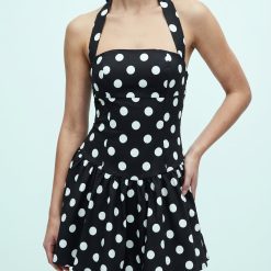 robes longues noires à pois exclusivité encolure carrée dos nu courte imprimée de motifs ronds blancs nouée au cou