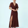 robes longues à pois rouge cerise portefeuille manches ange surpiqûres avec fente haute élégante pour femme