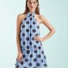robes longues marron à pois bleu moyen dos courte nu col halter sans manches imprimé chic