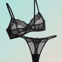 brassières à pois scintillants tulle non rembourrés bonnets noir et string assorti en dentelle transparente sur fond pastel
